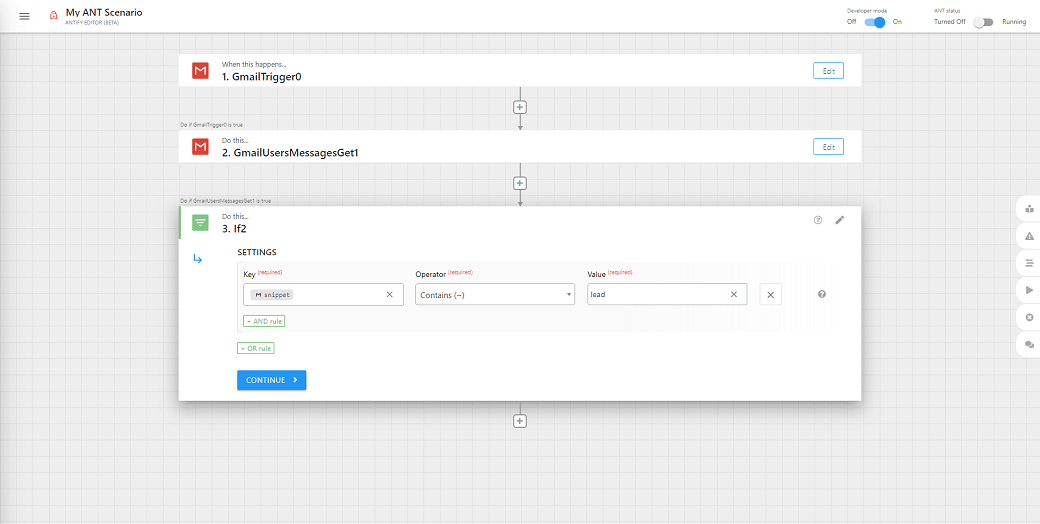 Gmail-utløst automatiseringsscenario i ANT Editor som filtrerer meldinger med nøkkelordet «load» ved hjelp av betinget logikk.