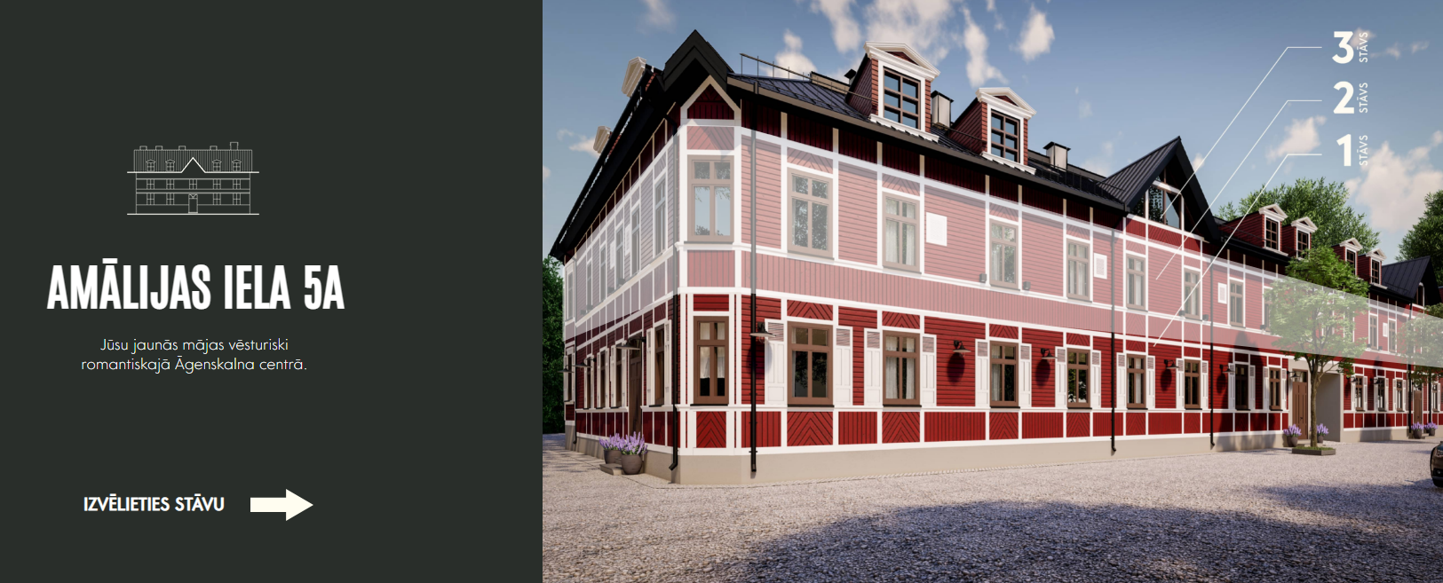 Prikaz odredišne stranice projekta Amālijas iela 5A - historijskog i romantičnog stambenog projekta u Āgenskalnsu s vizuelnom navigacijom po spratovima.