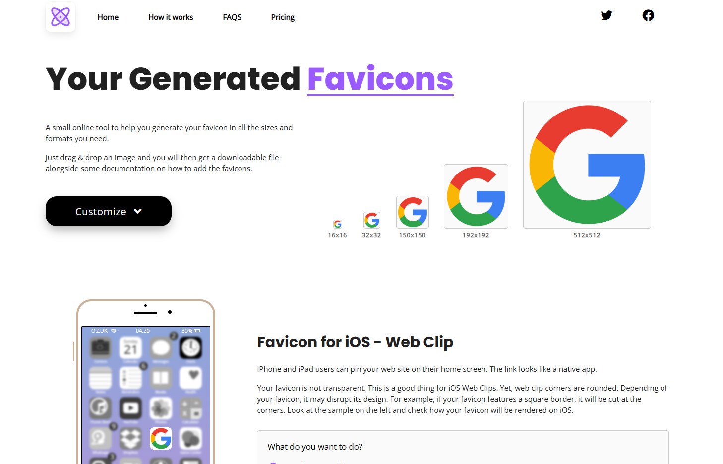 Stranica s rezultatima prikazuje pretpreglede favicon ikona u više rezolucija i pretpregled uživo na iOS-u.