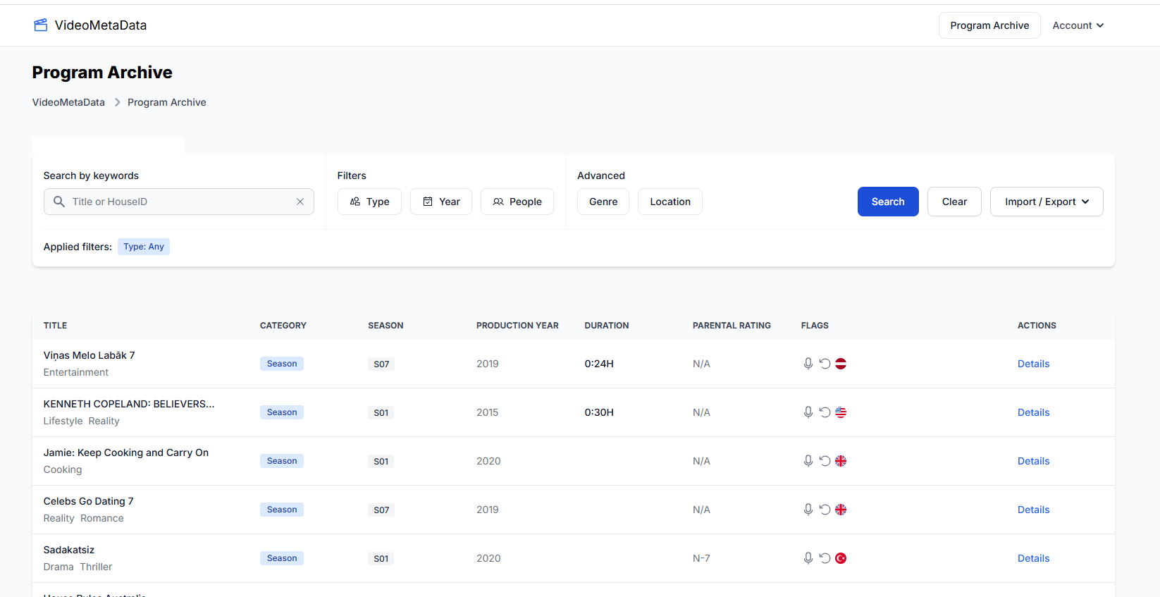 Program Archive dashboard